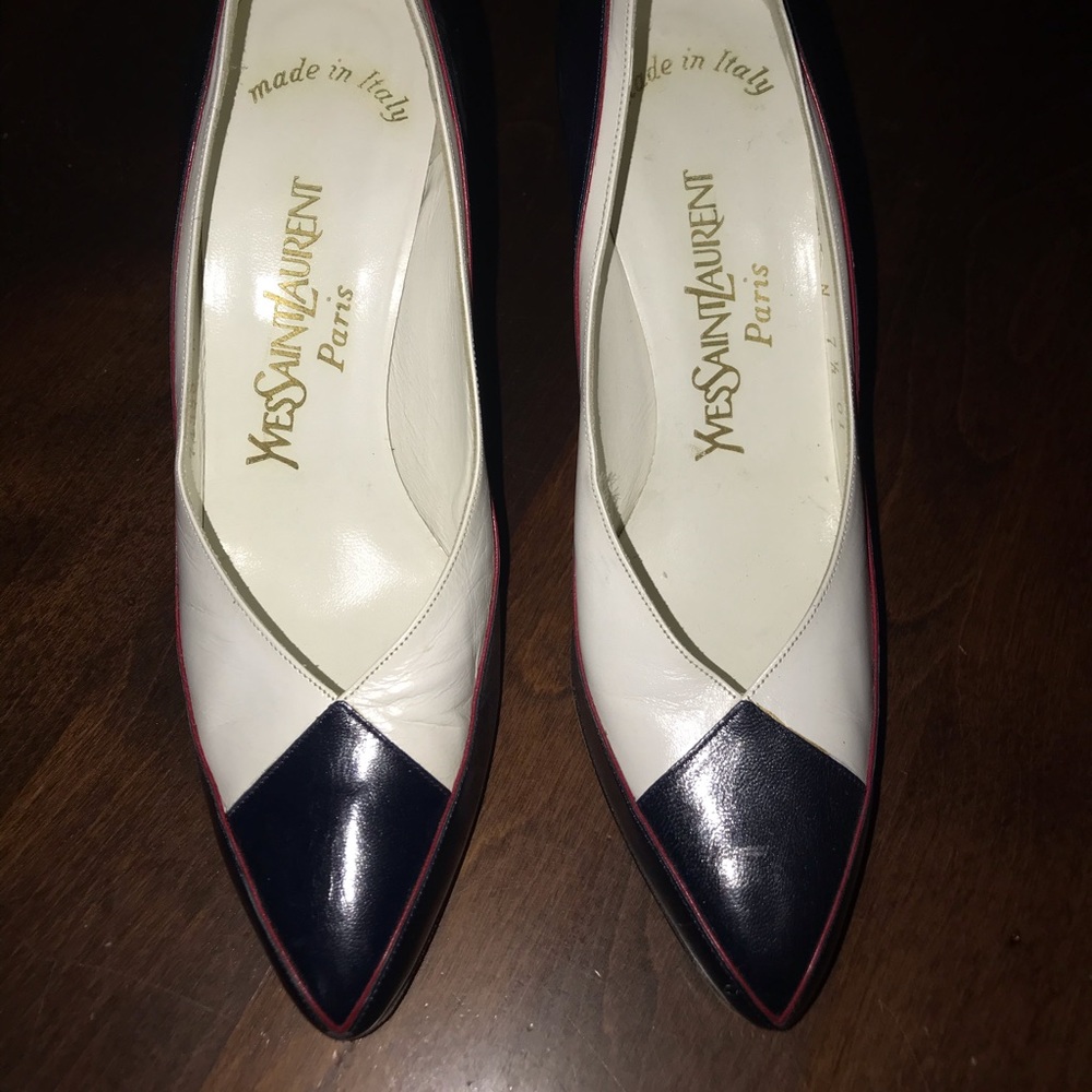 Yves Saint Laurent White and Black Pointed Toe Heels with Pink Trim